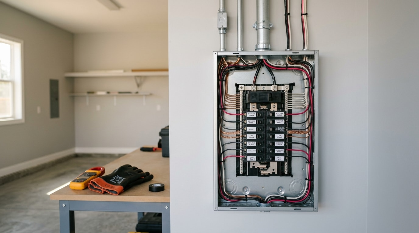 Clean electrical panel installation with multimeter and insulated gloves