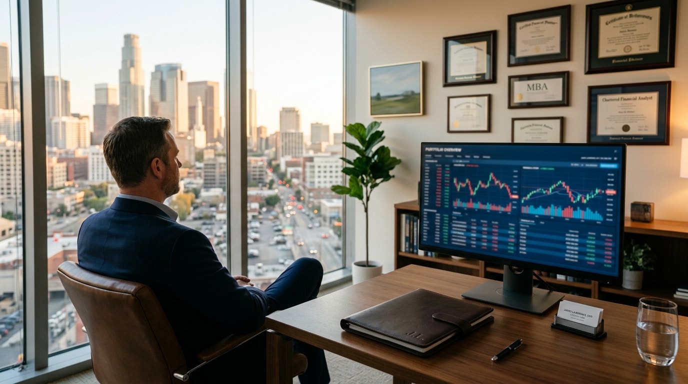 Financial advisor office with monitor showing charts and city view