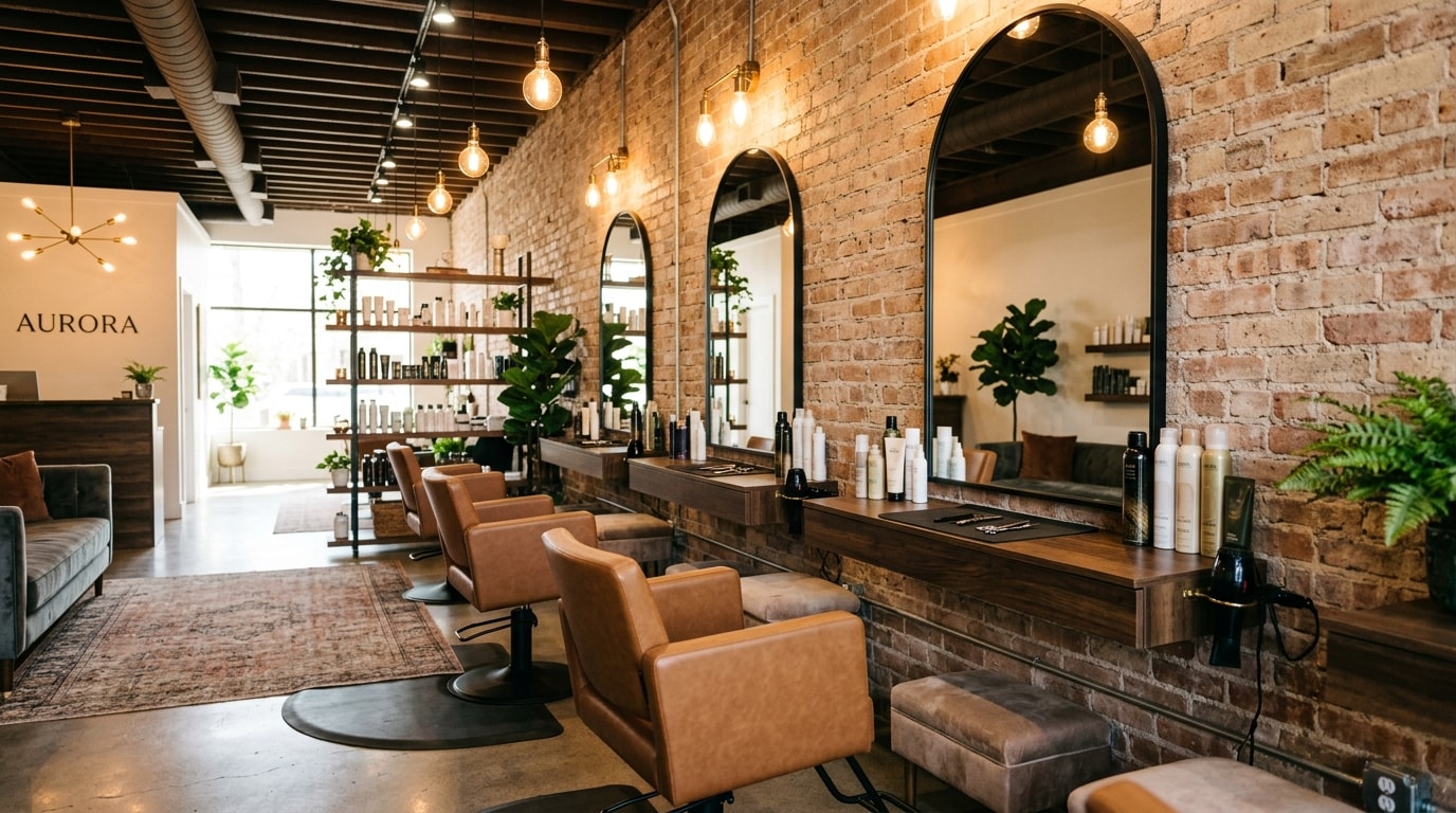 Chic hair salon with styling chairs, mirrors, and Edison bulb lighting
